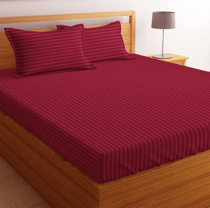 Image of BSB HOME Premium Cotton Solid /Stripe King Bedsheet with 2 King Size Pillow Covers | Double Bed with 210 TC Pure Cotton | Size - King Size 90x100 inches - Maroon