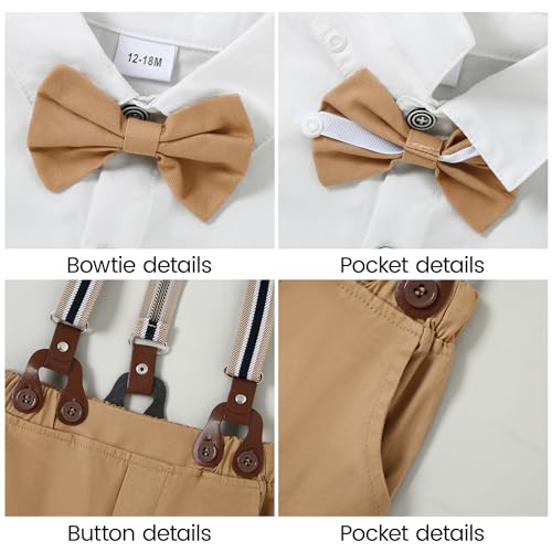 Image of YALLET Toddler Baby Boy Clothes Suit Gentleman Wedding Outfits Formal Dress Shirt+Bowtie+Suspender Pants