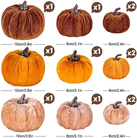 Whaline 12Pcs Fall Artificial Pumpkins 3 Sizes Fake Velvet Pumpkin Orange Brown Khaki Small Foam Pumpkin Autumn Table Centerpiece for Fall Harvest Thanksgiving Halloween Party Decoration
