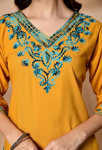 Image of LIBOZA Embroidered Kashmiri Tunic Top, Short Kurti for Women on Jeans, V-Neck, 3 /4 Sleeve, Floral Design,