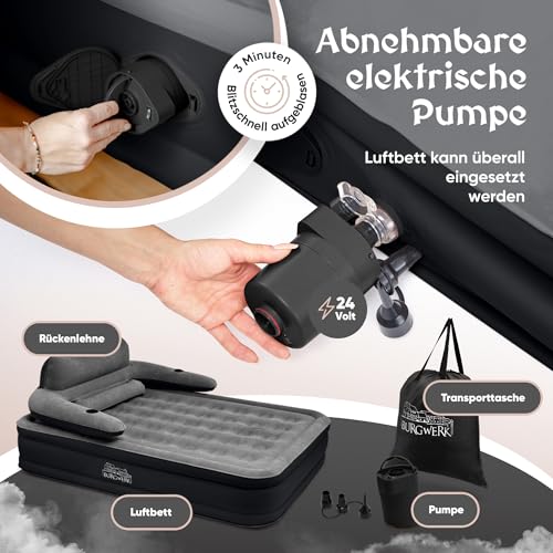 Burgwerk Luftbett für 2 Personen [3-in-1 System] | Edles Gästebett & Campingbett | Aufblasbare Matratze mit Elektropumpe 150x200 | Selbstaufblasende Luftmatratze