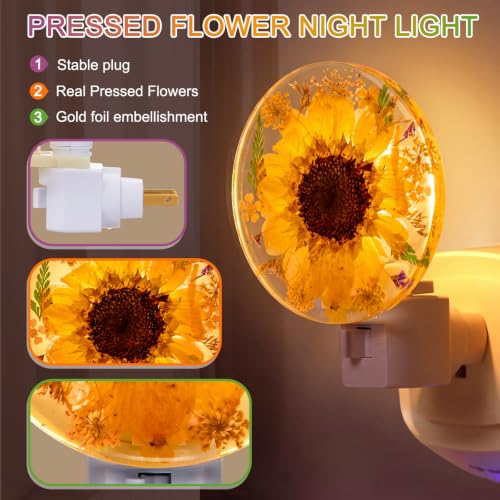Image of Glooglitter Pressed Flower Night Light Plug in-Handmade Dried Floral Wall Night Light, Glow Decorative Nightlight for Hallway Bedroom Nursery Bathroom, Vintage Botanical (Yellow,Sunflower)