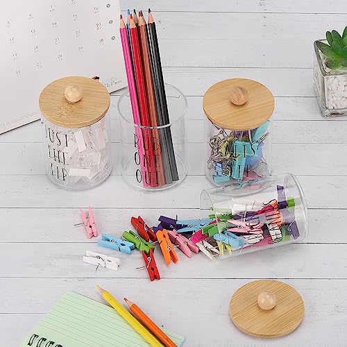 Image of Tbestmax 4 Pack Qtip Holder with Bamboo Lids, 10 oz Bathroom Organizer Accessories Storage Containers Clear Plastic Apothecary Jars for Cotton Ball, Cotton Swab, Floss