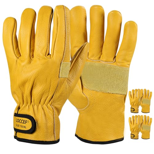 LOCCEF 2 Pairs Leather Work Gloves for Men and Women Cowhide Leather Gloves Utility Working Gloves (Yellow 9/L)