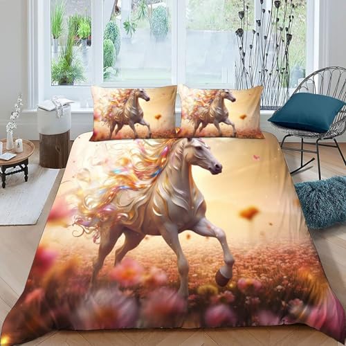 Housse de couette enfant cheval blanc 220x240 parure de lit 3D avec fermeture éclair - 3