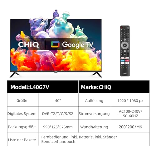 CHIQ L40G7V 40-Zoll-TV-Gerät, Google TV, FHD, rahmenloses Design, Google Assistant, Google Play, Chromecast Built-in, Dreifach-Radio (DVB-T2/S2/C), 5G WLAN, Bluetooth, HDMI ARC, USB2.0, CI+ – Bild 3
