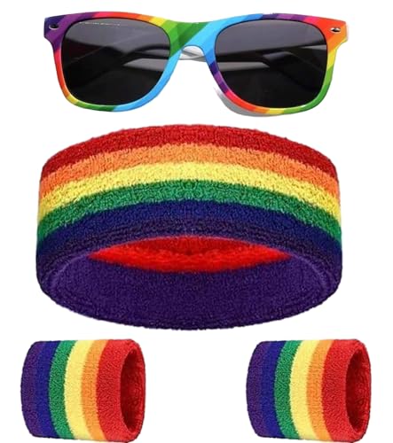 Amazleer Gay Pride Accessoires 4 Stück Regenbogen Schweißbänder Set und Brille Accessoires für Christopher Street Day, Schwulenparade, Fest, Party, und Events (Regenbogen Sets)