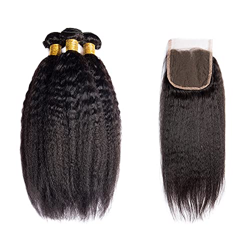 Brazilian Yaki Kinky Straight 3 Bundles With 4x4 Free Part Lace Closure 100% Unprocessed Yaki Straight Human Virgin Hair Extensions Natural Color (14 16 18 with 14)
