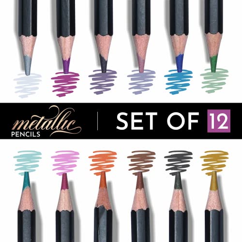 Image of BRUSTRO Artist Metallic Colour Pencil Set of 12 Shades, 3.3mm Lead with Wiro Bound Sketch Book, A5 (5.8x8.3 Inches), 120 Pages, 160 GSM | Ideal for Drawing, Sketching, Shading,Mandala Art