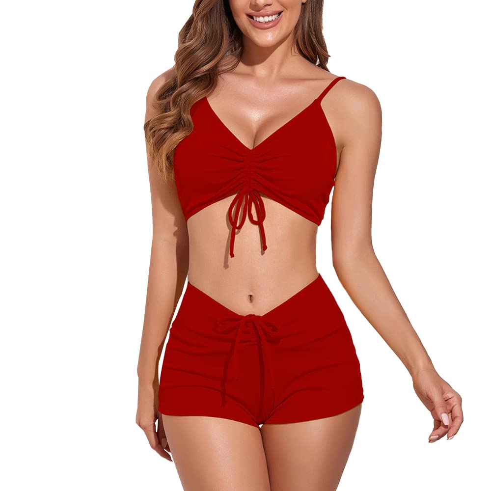 Swimsuits for Women 2 Piece Bathing Suits Bikini Set Drawstring Front Adjustable Spaghetti Strap Swimming suit Tummy Control Swimwear Beachwear