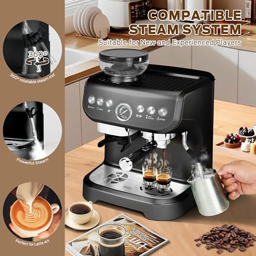 Espresso-Kaffeemaschine mit Bohnenmühle und Milchaufschäumer, 15 Bar, Espressomaschine, Dampfstab für Cappuccino, Latte, Americano für Weihnachten, Halloween, Ostern, 2 l Wassertank, 1450 W (schwarz)