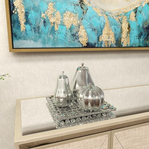 Deco 79 Ceramic Fruit Decorative Sculpture Pear, Pumpkin, and Squash Home Decor Statues with Decorative Grid Plate, Set of 4 Accent Figurines 12"W, 1"H, Silver by Deco 79 - Image 9