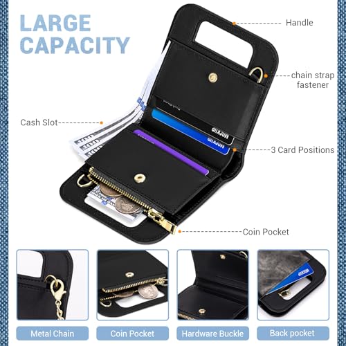 Wallet for Women, Small Bifold Wallet, PU leather with Denim Texture with Zipper Pocket, Handle and Shoulder Chain2