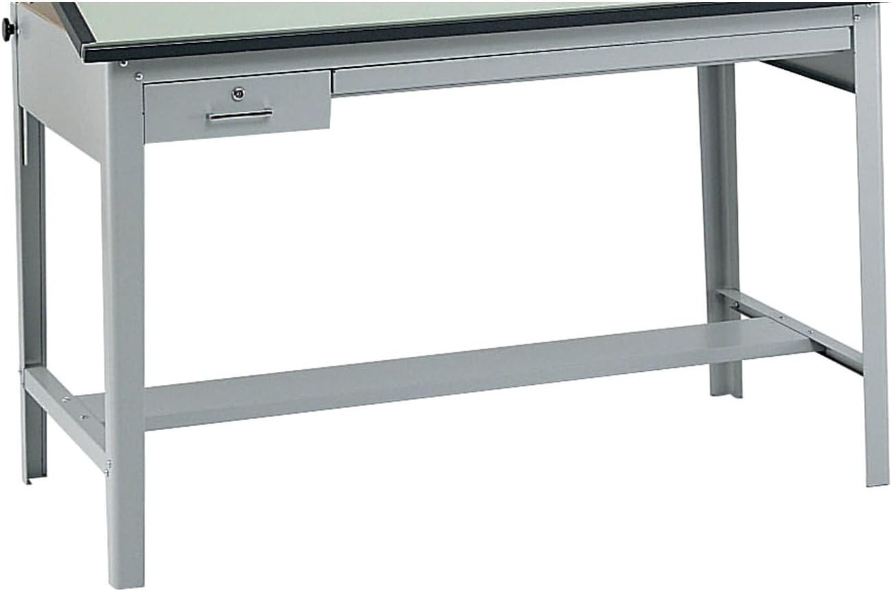 Pemberly Row Modern Drafting Table Base, Heavy-Gauge Steel Frame, Gray Finish, 35.5" H x 56.38" W x 30.5" D, Tilt Function Up to 50 Degrees, Locking Tool & Reference Drawers, Office Use