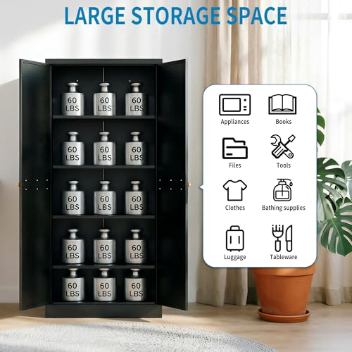Image of 61 inch H Black Metal Kicthen Pantry Storage Cabinet 5-Tier Cupboard | Tall Metal Cabinets for Kitchen, Living Room, Garage, Heavy Duty Freestanding Utility Cabinet, Assembly Require