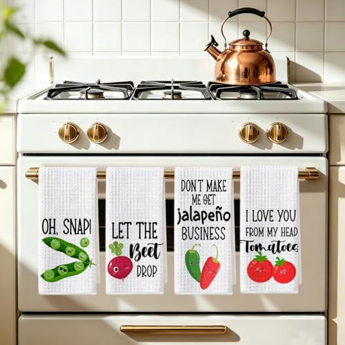 Image of 4 Pcs Funny Vegetable Kitchen Towels 24x14 Inch, Chili Carrot Pepper Tomato Decor Microfiber Reusable Tea Towels for Kitchen Farmhouse, Durable Waffle Dish Drying Towel, Plant Gifts for Women Mom