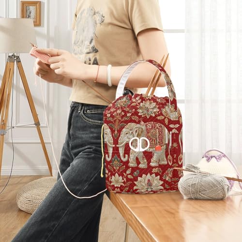 Image of ElliTarr Crochet Bag Yarn Bag with Handle Portable Knitting Project Bag Travel Yarn Storage Organizer Holder Case Red Retro Elephant Flowers
