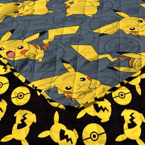 Image of Northwest Pokemon Company Reversible Full /Queen Quilted Blanket - Pikachu & Pokeball Pattern for Anime Fans, Cozy Blanket for Bed, Game Room or Couch, 90x90 inches