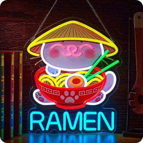 Fortune Cat Ramen Neon Sign Dimmable Japanese Lucky Cat Noodle LED Lights for Wall Decor...