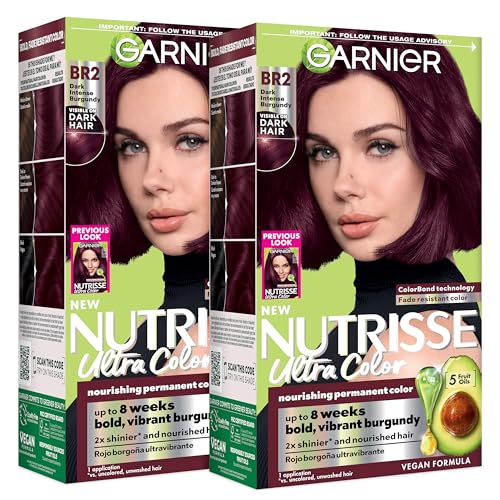 Garnier Nutrisse Ultra Color Hair Color Permanent Hair Dye for Up to 8 Weeks of Bold Vibrant Fade-Resistant Results Vegan & Cruelty-Free BR2 Dark Intense Burgundy (Passion Fruit) 2 Count