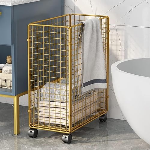 Panier à linge pliable en métal doré grand bac de rangement sur roulettes pour vêtements