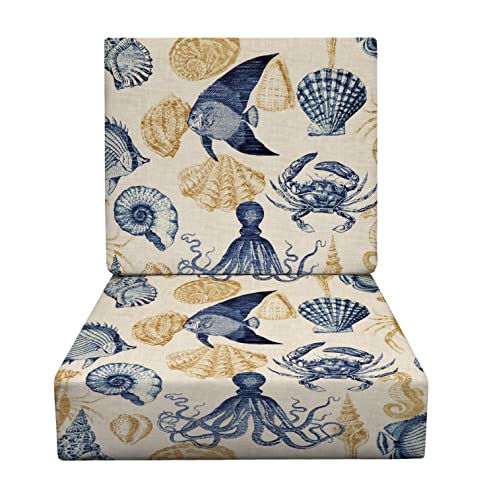 RSH DECOR: Deep Seating Foam Cushion Set | 24” x 27” Seat | All-Weather Spun Fabric | Water and Fade-Resistant | Outdoor Chair Cushion Set for Patio Furniture | Blue Tan Crab