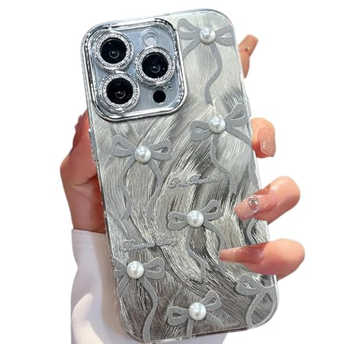 Image of VONZEE Compatible with iPhone 16 Pro 6.3'' Case Luxury Pink Girly Cute 3D Bow Pearl Glitter Bling Case with Full Camera Protection Shockproof PC+TPU Glossy Shiny Cover for Girls Women, Grey