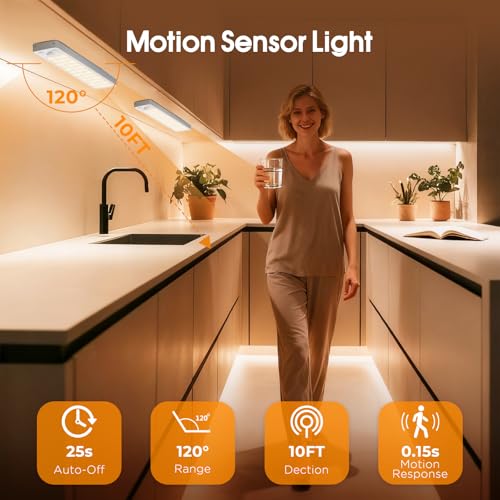 Under Cabinet Rechargeable Dimmable Lighting: 3 Color Temperature Motion Sensor Lights Indoor - Battery Operated Lights - Activated Closet Magnetic Wireless Led Light for Kitchen Home Bathroom Counter - Image 3