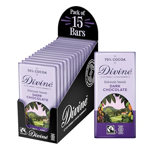 Divine 70% Cocoa Dark Chocolate 15 x 90g Bars Fairtrade Dark Chocolate Smooth Rich Flavour Ethical Premium Chocolate