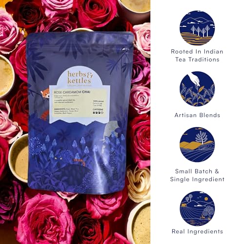 Image of Herbs & Kettles Refill - Rose Cardamom Chai - 7 oz (200 g) | Single-Origin Assam Black Tea with Rose Petals & Green Cardamom | Spiced Floral Chai | Hot or Iced Tea