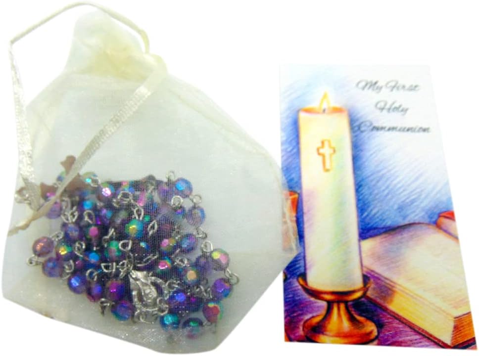 Westmon Works First Communion Purple Acrylic Bead Rosary with Metal Mary Centerpiece and Crucifix Set with Drawstring Bag and Holy Prayer Card - Image 2