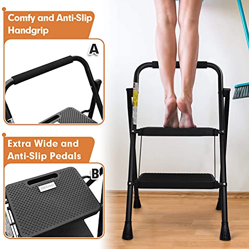 Hbtower 2 Step Ladder, Folding Step Stool With Wide Anti-Slip Pedal, Sturdy Steel Ladder, Convenient Handgrip, Lightweight 500Lbs Portable Steel Step Stool, Black #TOP3
