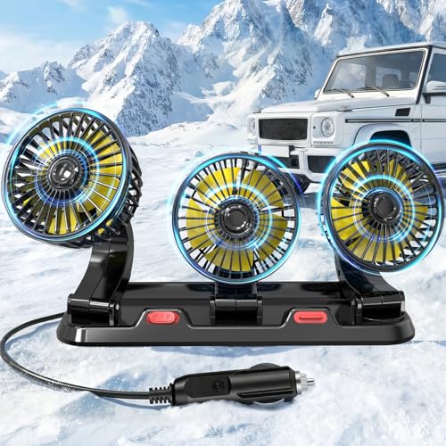 HUENLYEL Portable 3-Head Car Cooling Fan Fans for Vehicles Cars Trucks Dashboard (Cigarette Lighter Plug No Battery)