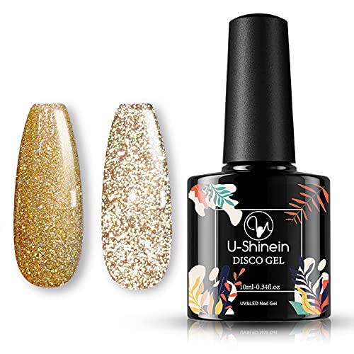 U-Shinein Reflective Diamond Nail Polish, Golden Diamond Disco Glitter Nail Polish Gel Reflective Nail Glitter Polish Shimmery Holographic Diamond Nail Polish for DIY or Salon Nail Art Manicure