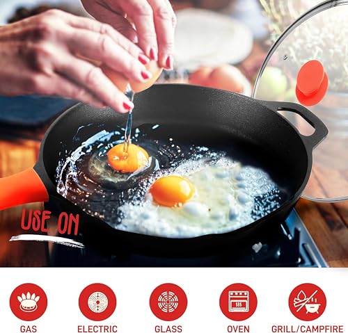 NutriChef Cast Iron Skillet Pan w/ Lid, Pre Seasoned Cast Iron Pan, Cast Iron Frying Pans Nonstick, Oven Safe Cookware w/ Silicone Handle, Drip Spout, Indoor/Outdoor Use, For Induction & All Cooktops - Image 5