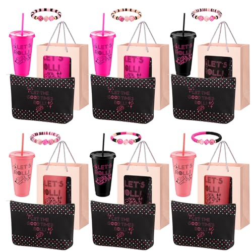 Remerry 24 Pcs Bunco Party Favors Lets Roll Plastic Cups with Lids and Straws Bunco Cosmetic Bags Dice Bracelets and Pink Gift Bags Casino Decoration for Guests Prize Bachelorette Birthday Wedding