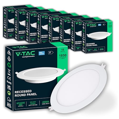 V-TAC 10x Faretti LED da Incasso Rotondi 18W - SUPER LUMINOSI - Diametro 220 mm - 1850 Lumen - IP20 - per Soffitto, Casa, Cartongesso - Mini Pannello - Lampada - Foro 200-205 mm - Luce Naturale 4000K