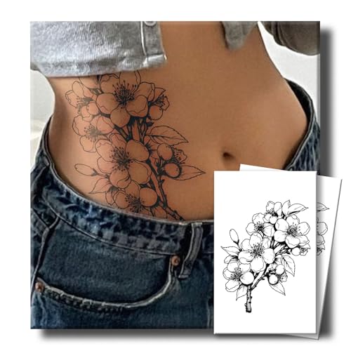 Tattoo Tech, 2 Sheets Large Semi Permanent Tattoo, Lasts 7-15 Days Temporary Tattoos(Flowers with Branches), Waterproof and Non-Reflective, for Arm Thigh Back