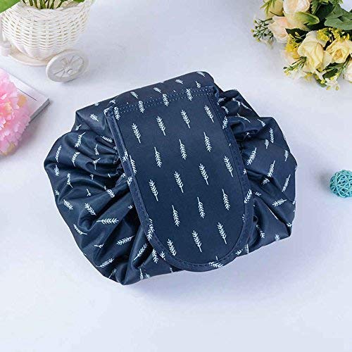 Image of Maharsh Women's Convenient and Waterproof Multifunction Portable Lazy Travel Cosmetic Storage Makeup Organizer Toiletry Bag with Drawstrings (Dark Blue Leaf)