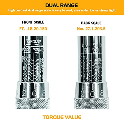 Olympia Tools 1/2-Inch Drive Click Torque Wrench, 10~150 Ft./Lb, 13.6~203.3 N/M, Dual-Direction, Adjustable Torque Wrench With Quick Release Reversible Head, Chrome Plated Finished #TOP4