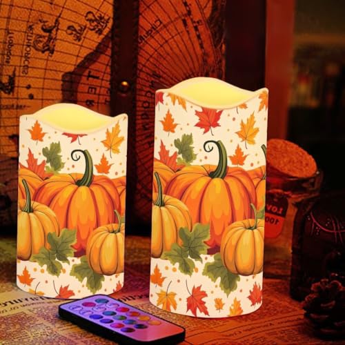 Image of Thanksgiving Day Color Changing Electric Candles | Pumpkin Flameless Candle Set with Remote Control, Battery Operated Fake Candles for Kitchen Room Home fall decor, 4 Pack