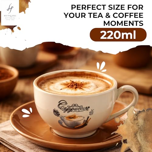 Image of Hitkari Porcelain Cup Saucer Set of 6 for Tea 220 Ml 6 Cups & 6 Saucers | 12 Piece Tea Coffee Set | Elegant Glossy Finish Teaware Microwave & Dishwasher Safe Colors CS3 - Cream
