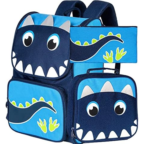KLFVB 3PCS Boys Backpack, 15" Dinosaur Bookbag with Lunch Box, Kids Preschool School bag for Elementary Students - Blue Cover