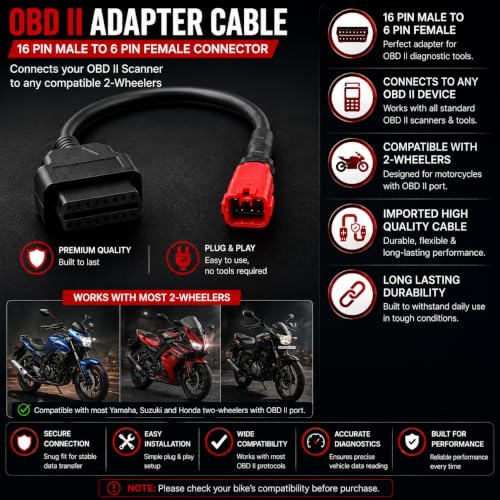 Image of MODAXE Upgrade Your Diagnostics: OBD II BS6 Bike Cable - 16 Pin Male to 6 Pin Female Connector Tailored for Yamaha, Suzuki, and Honda Bikes