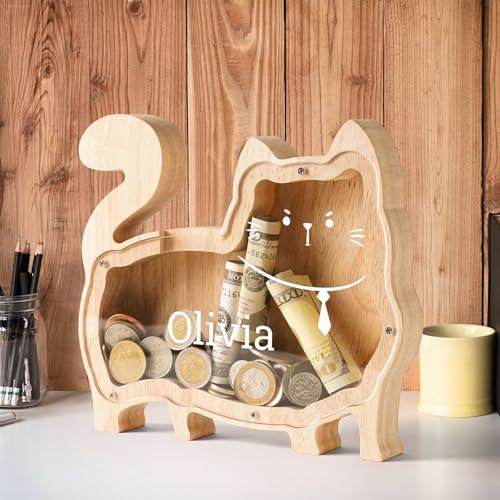 Image of Personalized Wooden Cat Piggy Coin Banks for Kids Name