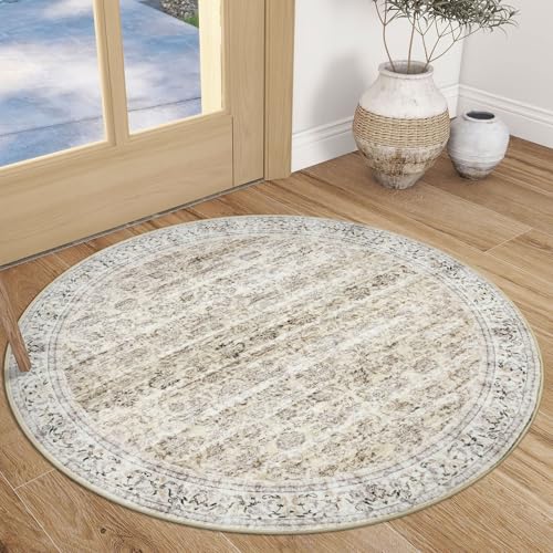 Siiloom Beige 3' Round Rug Washable Rug For Entryway Soft Non-Slip Area Rugs Distressed Floral Low-Pile Carpet cover