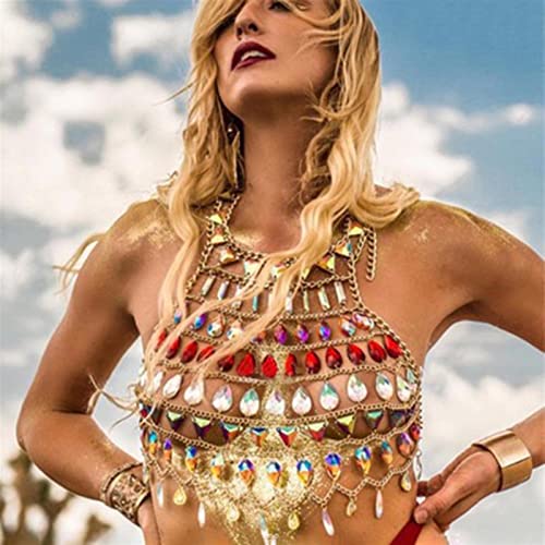 Body Chain Women Halter Hollow Out Patchwork Metal Colorful Rhinestone Crop Top Body Chain Chic Clubwear Body Chain Body Jewelry Accessories #TOP2