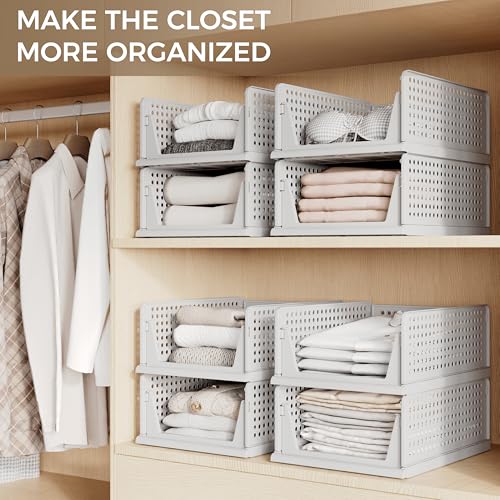 Image of Pinkpum Grey 6 Pack Closet Organizers Storage Bins, Stackable Plastic Drawer Basket for Clothing, Stackable Storage Bins Shelf Storage Container for Closet Wardrobe Bedroom Bathroom Office