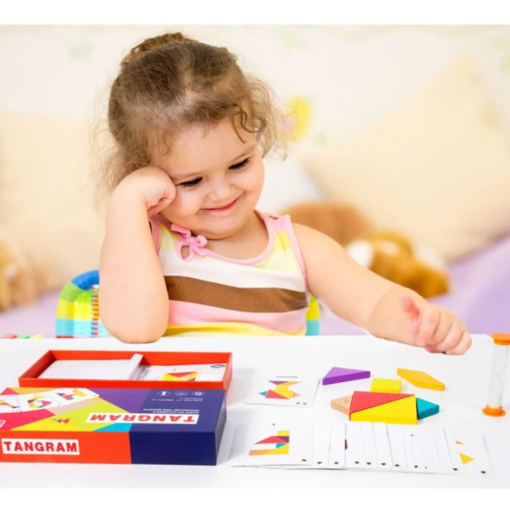 Juego de Rompecabezas Tangram de Madera Montessori | Bloques Patrón Cerebral con Tarjetas de Desafío y Reloj de Arena, Juguete Educativo STEM para Clasificación Formas