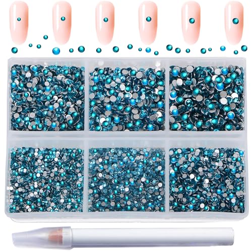 AD Beads 8280PCS Flatback Rhinestones Nail Gems Round Crystal Rhinestones for Crafts Mixed 6 Sizes with Wax Pencil Kit SS3-SS10 (04 Blue Zircon)